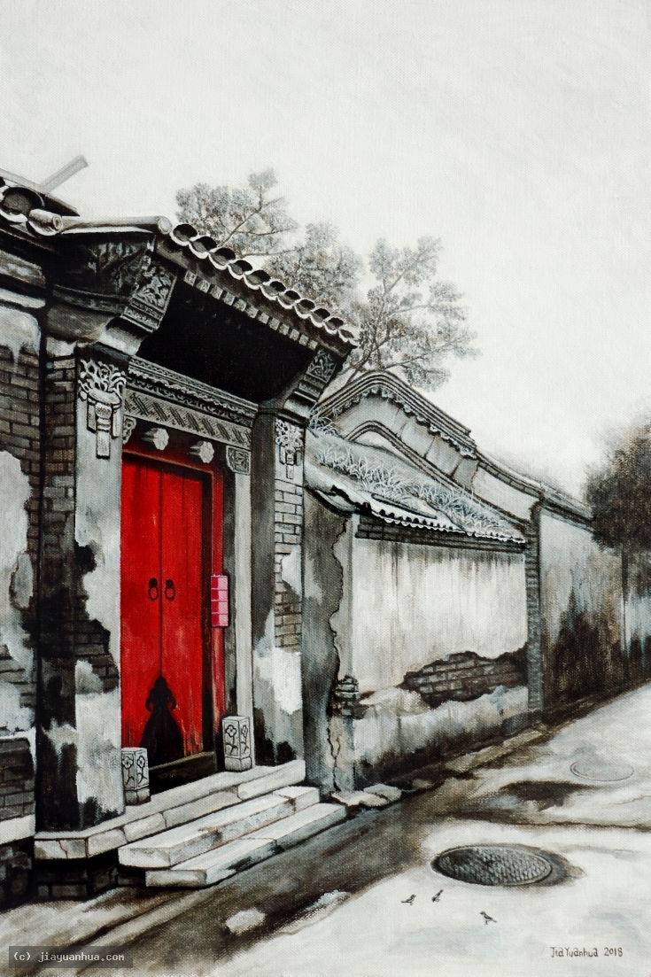 Artist JiaYuanhua, Artist Yuan hua Jia, Artist Yuanhua Jia, JiaYuanhua artwork, China contemporary art, original artwork, original painting, oil painting, acrylic painting, fine art, panda artwork, pa : Hutong Impression No.56