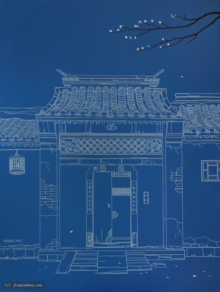 Artist JiaYuanhua, Artist Yuan hua Jia, Artist Yuanhua Jia, JiaYuanhua artwork, China contemporary art, original artwork, original painting, oil painting, acrylic painting, fine art, panda artwork, pa : Night in Hutong
